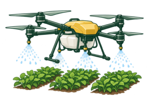 農薬散布ドローンが作物の上空から散布するイラスト