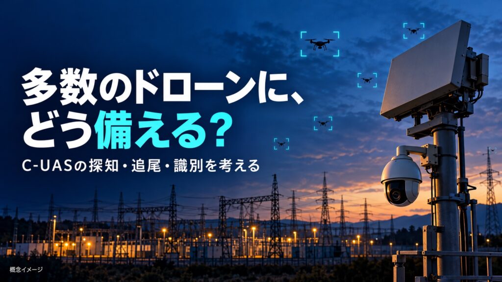 多数のドローンに、どう備える？ C-UASの探知・追尾・識別を考える。監視レーダーとカメラで施設上空を見守る概念イメージ。