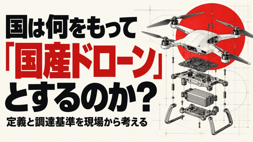 国は何をもって「国産ドローン」とするのか？ 明るい背景に朱赤と黒の極太文字を置き、汎用ドローンの機体・制御基板・バッテリーを分解図で表した生成AIのイメージ。特定の製品を示すものではありません。