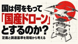 国は何をもって「国産ドローン」とするのか？ 明るい背景に朱赤と黒の極太文字を置き、汎用ドローンの機体・制御基板・バッテリーを分解図で表した生成AIのイメージ。特定の製品を示すものではありません。
