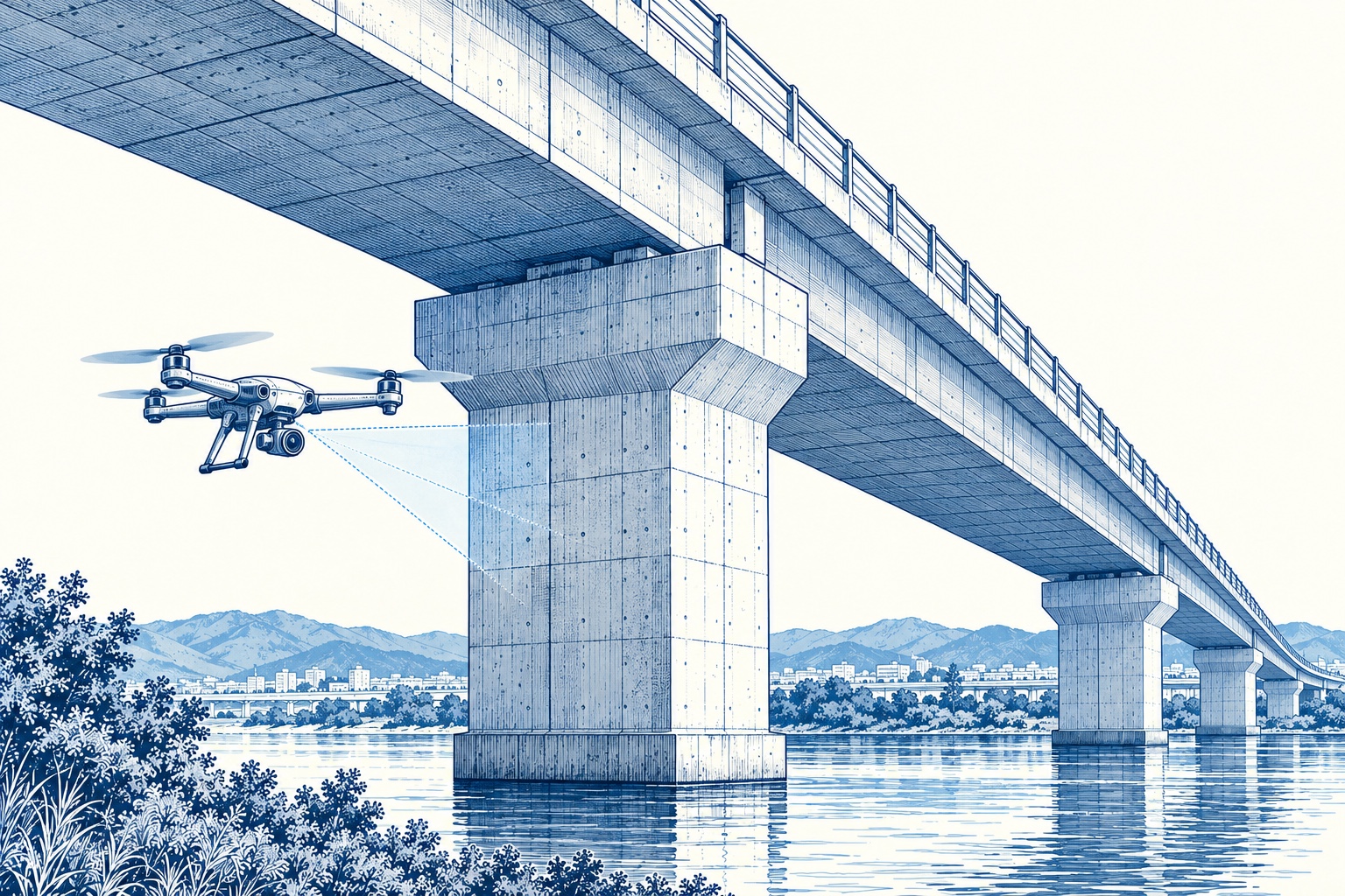 ドローンによる橋梁点検を青い線画で示した概念イラスト