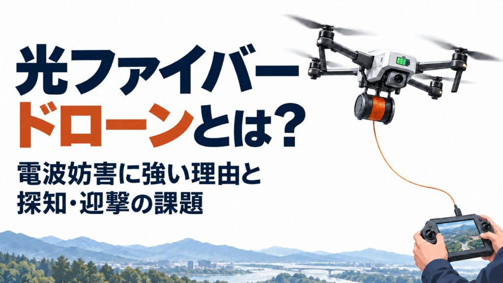 光ファイバードローンとは? 電波妨害に強い理由と探知・迎撃の課題。大きな題名と、機体下の容器から通信ケーブルを繰り出すドローンを描いた生成イラスト。