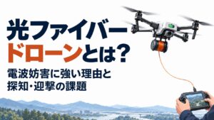 光ファイバードローンとは？ 電波妨害に強い理由と探知・迎撃の課題。大きな題名と、機体下の容器から通信ケーブルを繰り出すドローンを描いた生成イラスト。