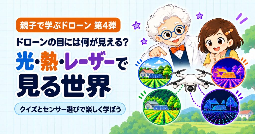 スカイ博士とひなたが、光・熱・レーザーを使うドローンの4種類のセンサーで見える世界を学ぶ、親子で学ぶドローン第4弾のイラスト。