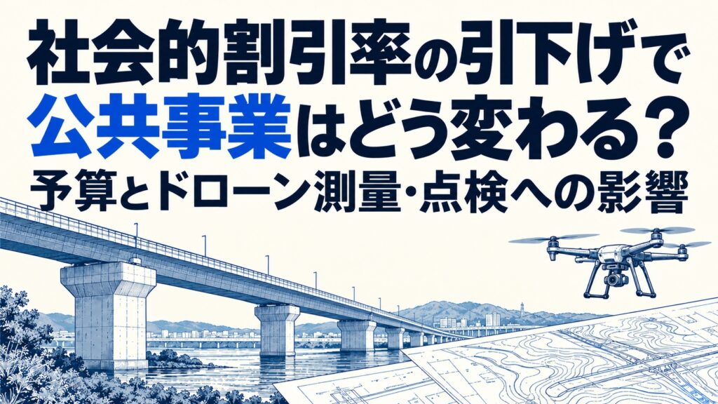 社会的割引率の引下げで公共事業はどう変わる？予算とドローン測量・点検への影響。橋梁・測量図・ドローンを青い線画で描いた誌面風の概念イラスト