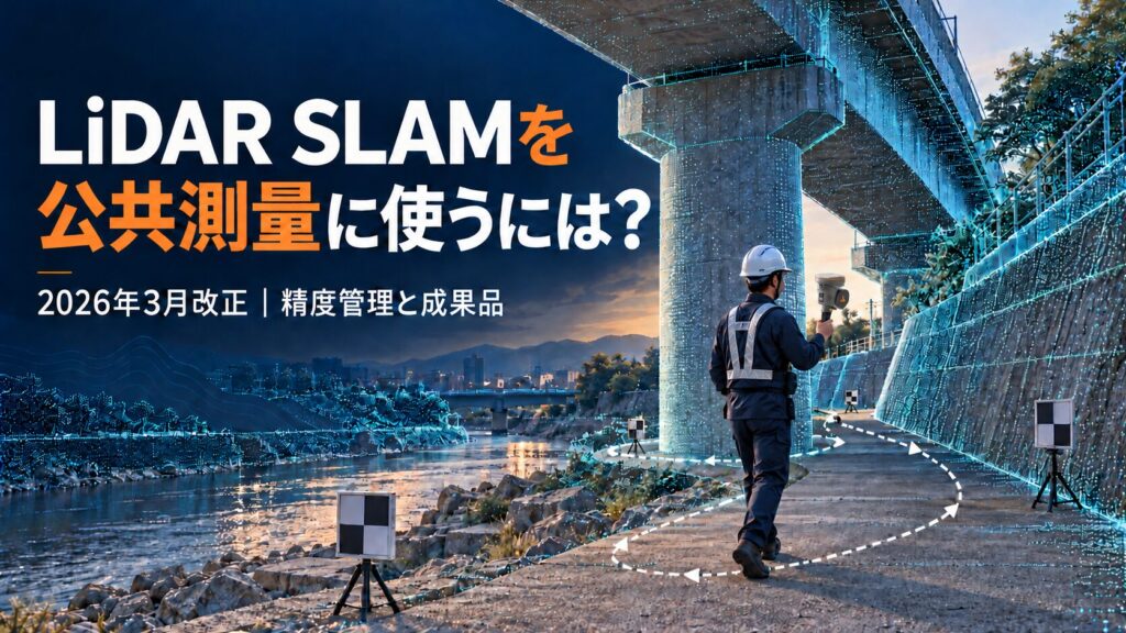 LiDAR SLAMを公共測量に使うには？2026年3月改正、精度管理と成果品。機器の背面をこちらへ見せ、進行方向に向けて手持ちLiDARで計測するイメージ。