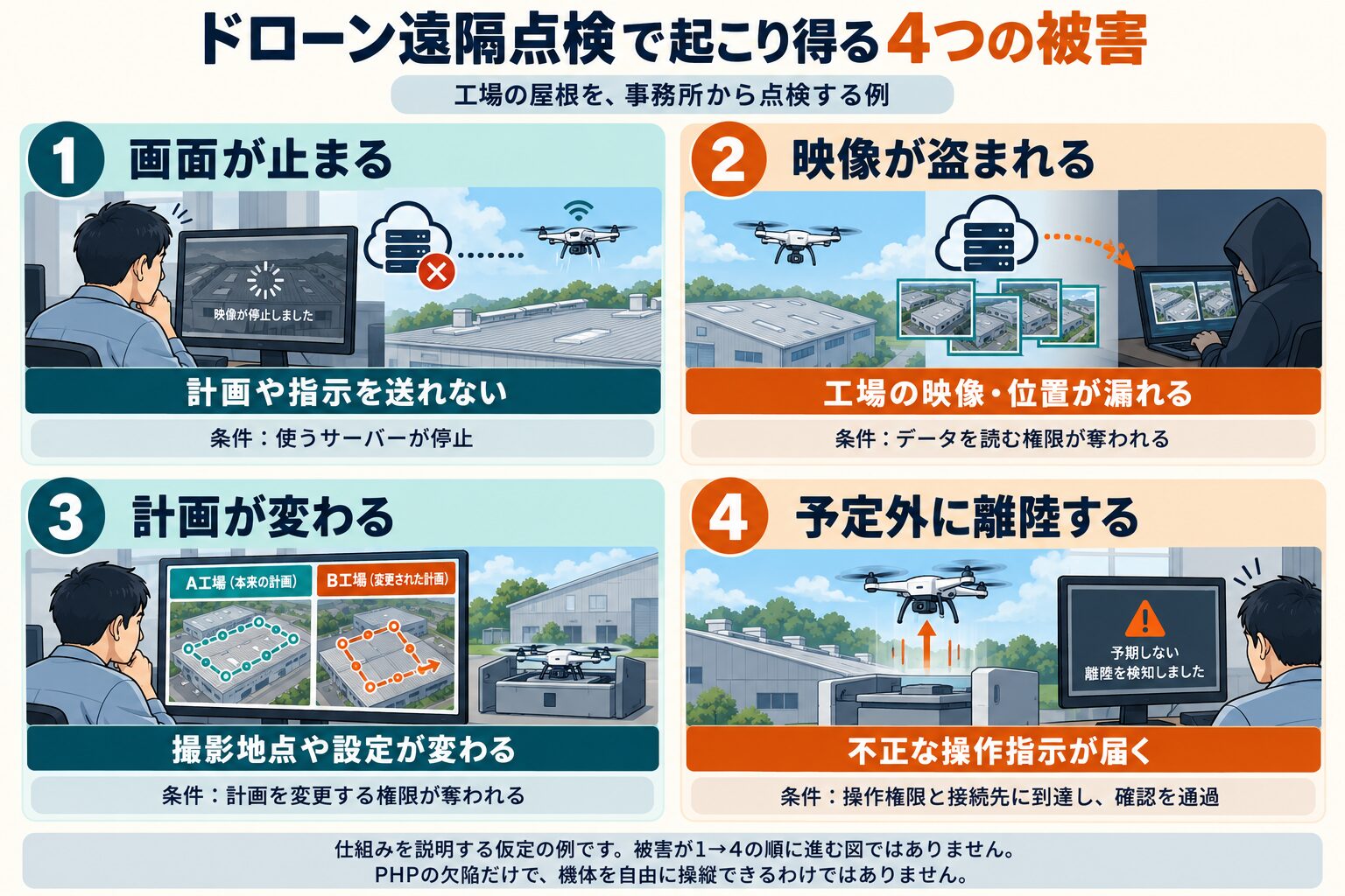 工場の屋根の遠隔点検で起こり得る4つの被害。画面停止、映像漏えい、計画変更、予定外の離陸と、それぞれが起きる条件