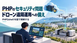 PHPのセキュリティ問題とドローン遠隔運用への備え。端末、クラウド、ドック、機体を描いた概念イラスト