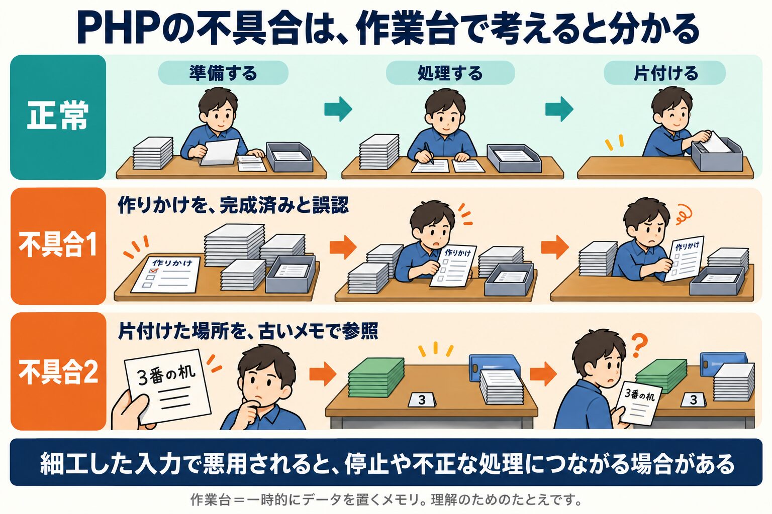 PHPの正常な処理と2つの不具合。準備・処理・片付けの流れと、作りかけのデータの誤認、古い置き場所の参照を作業台にたとえた図