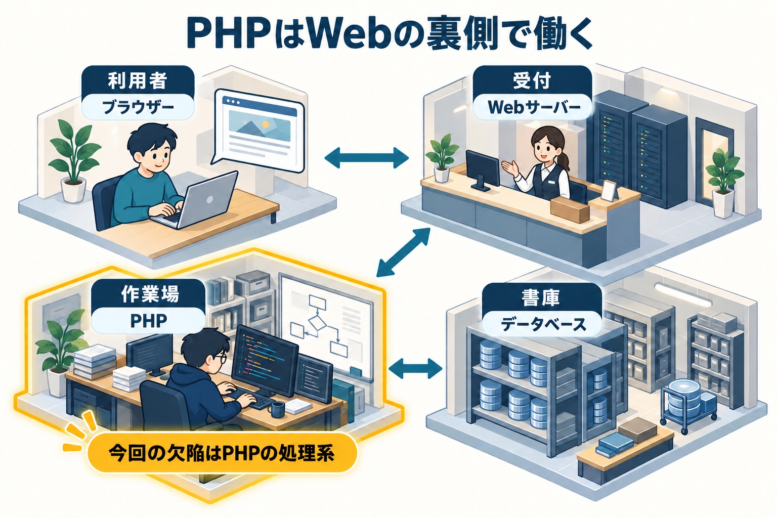 PHPはWebの裏側で働く。ブラウザー、受付となるWebサーバー、作業場となるPHP、書庫となるデータベースを描いた図