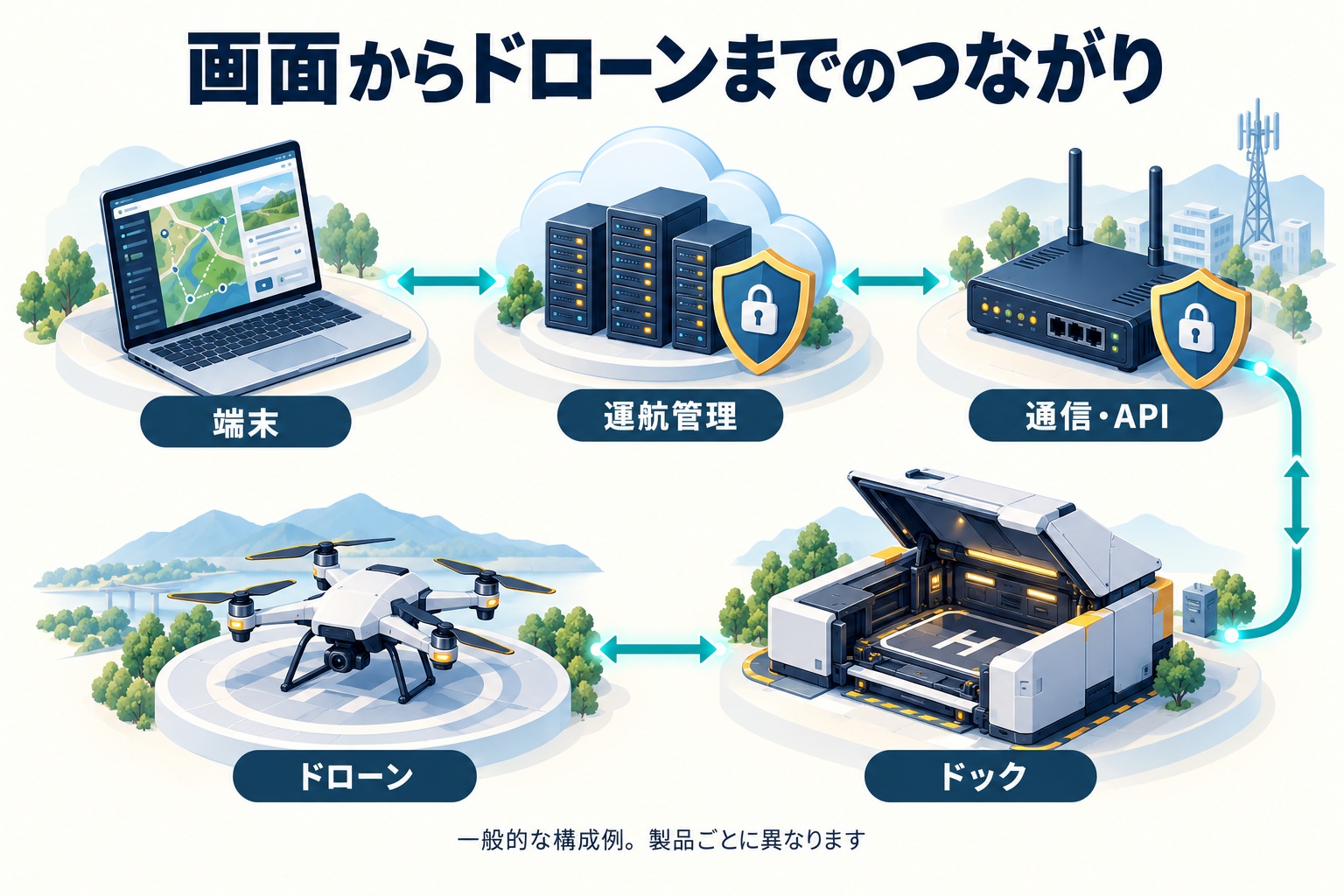 端末、運航管理クラウド、通信・API、ドック、ドローンがつながる遠隔運用の構成例