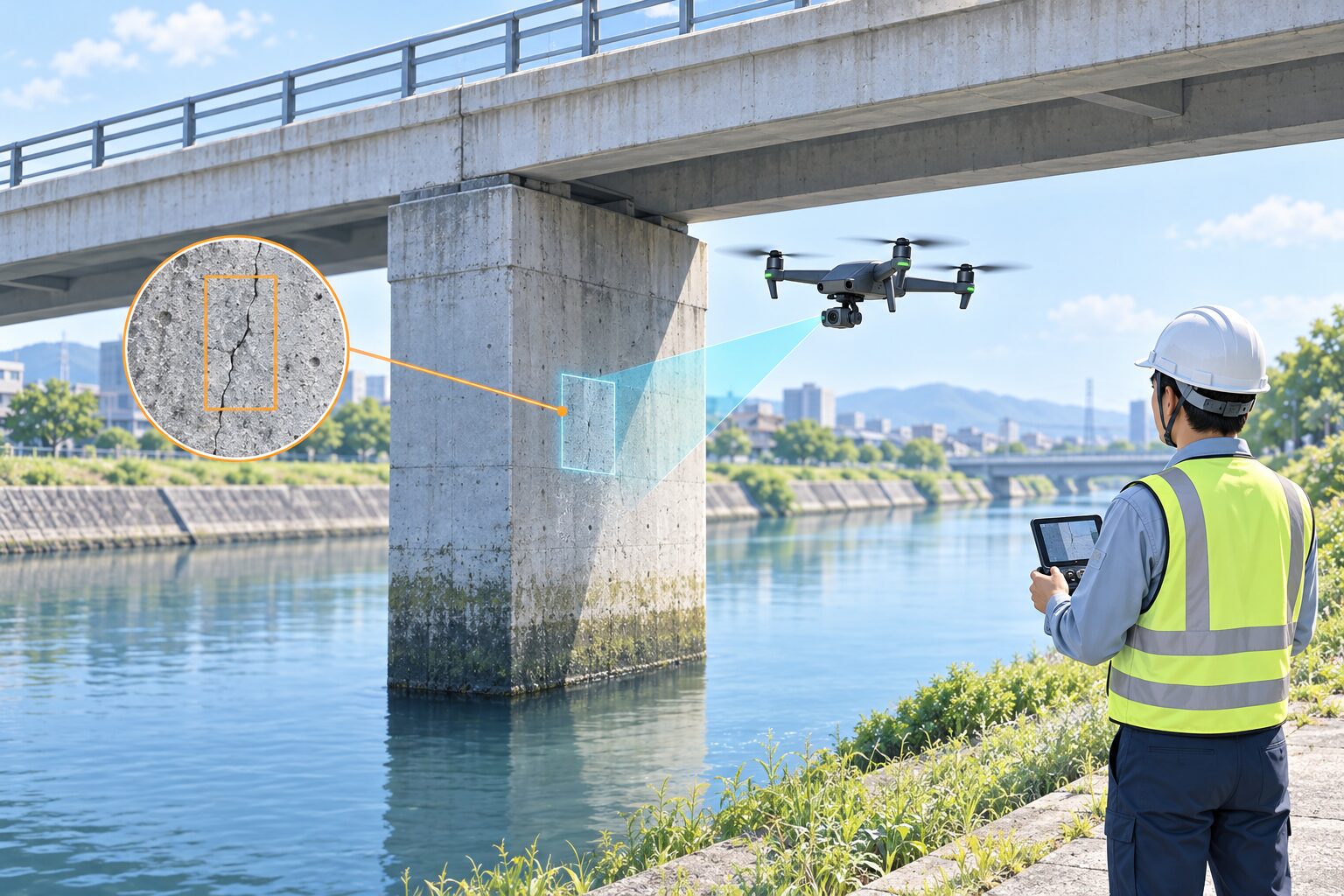 橋脚をドローンのカメラで撮影し、離れた場所の担当者が画像を確認する橋梁点検のイメージ
