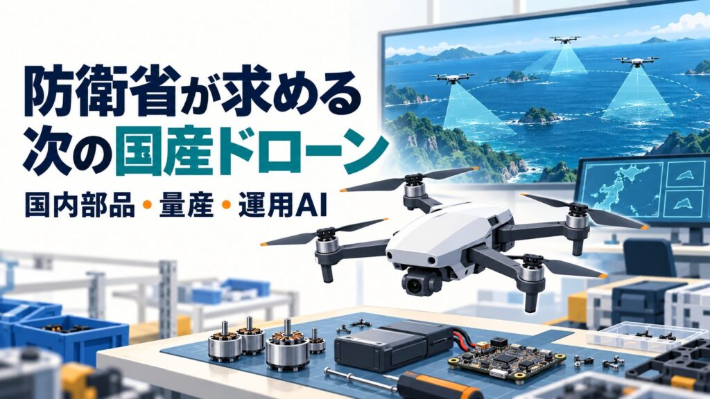 防衛省が求める次の国産ドローン。組立用のモーター・バッテリー・制御基板と、洋上の複数ドローンを監視する画面を描いたAI生成イラスト。