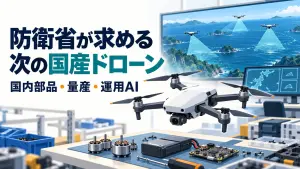 防衛省が求める次の国産ドローン。組立用のモーター・バッテリー・制御基板と、洋上の複数ドローンを監視する画面を描いたAI生成イラスト。