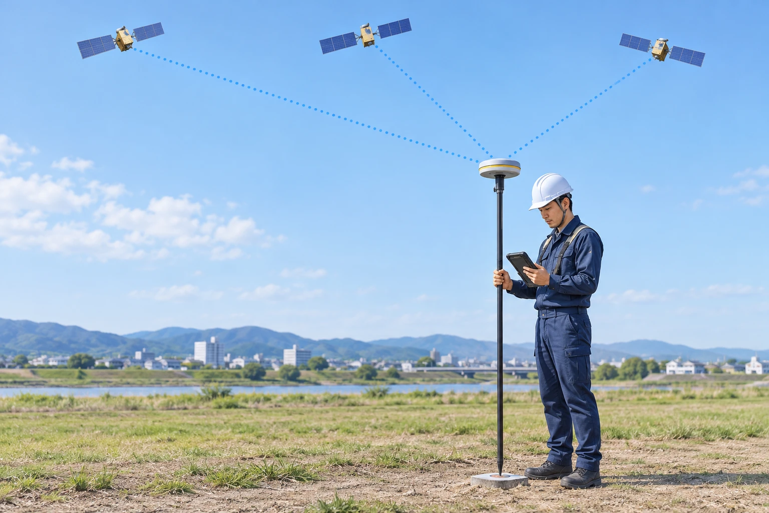 開けた屋外で、GNSS受信機を載せたポールとコントローラーを使う人。青い点線で衛星信号を示した生成AIイメージ。