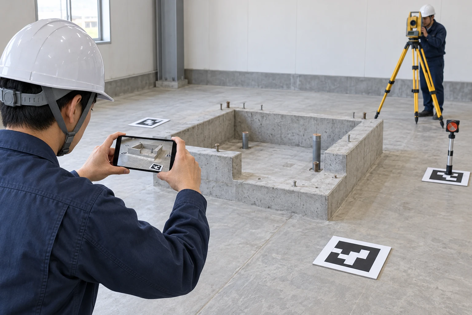 床に配置したコード付き標定点と構造物をスマートフォンで撮影する屋内の作業場面。奥のTSとプリズムで事前の座標観測を表した生成AIイメージ。