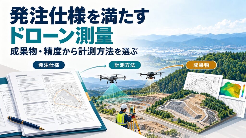 発注仕様を満たすドローン測量。成果物・精度から計測方法を選ぶ。仕様書から写真・レーザー・地上計測を経て地表面や図面を作る流れを示したAIによる説明用イメージ。