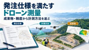 発注仕様を満たすドローン測量。成果物・精度から計測方法を選ぶ。仕様書から写真・レーザー・地上計測を経て地表面や図面を作る流れを示したAIによる説明用イメージ。